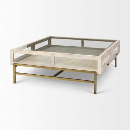 44" Off White Clear And Gold Solid Wood Glass And Iron Storage Coffee Table HomeRoots
