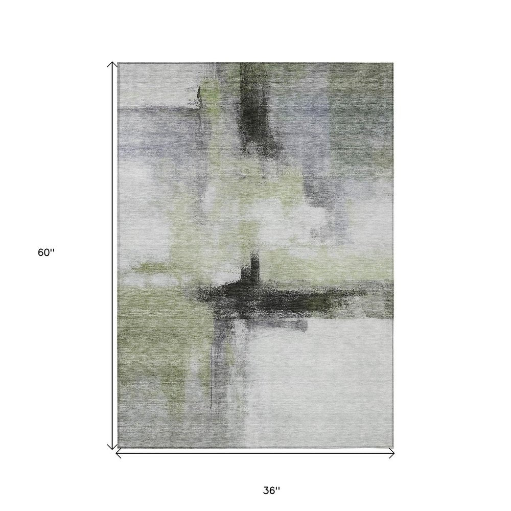 3' X 5' Sage Black And Gray Abstract Washable Indoor Outdoor Area Rug HomeRoots