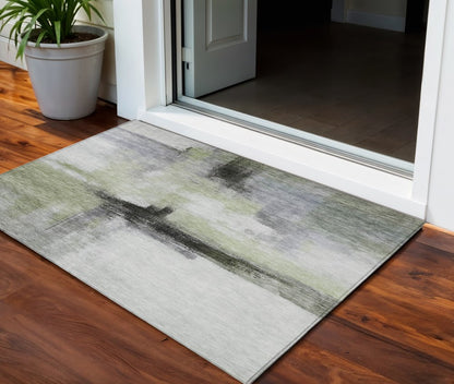 3' X 5' Sage Black And Gray Abstract Washable Indoor Outdoor Area Rug HomeRoots