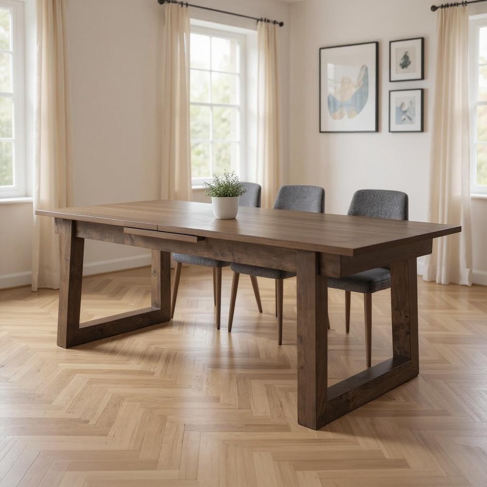106" Dark Brown Solid Wood Self-Storing Leaf Sled Base Extendable Dining Table HomeRoots
