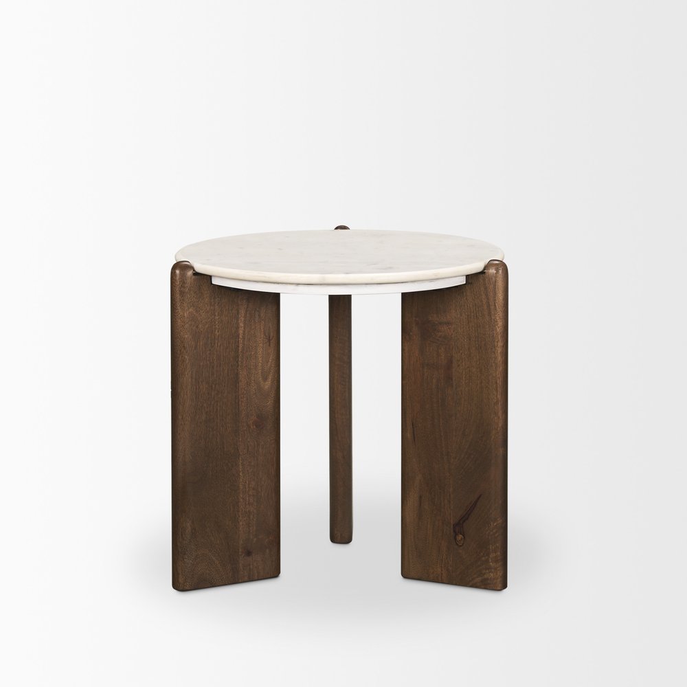 20" White And Brown Marble And Solid Wood End Table — view 3