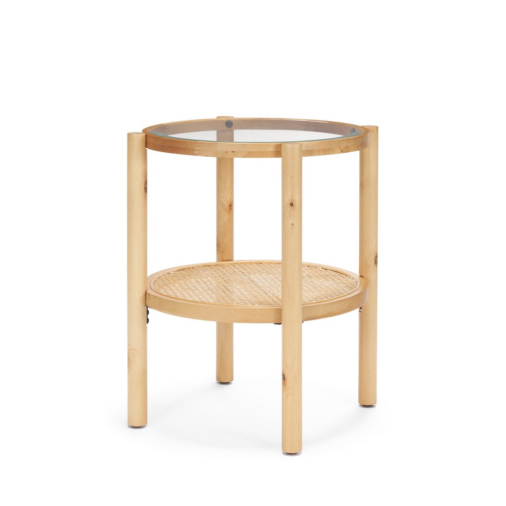 24" Clear and Light Brown Glass and Solid Wood Round End Table With Shelf HomeRoots