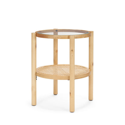 24" Clear and Light Brown Glass and Solid Wood Round End Table With Shelf HomeRoots