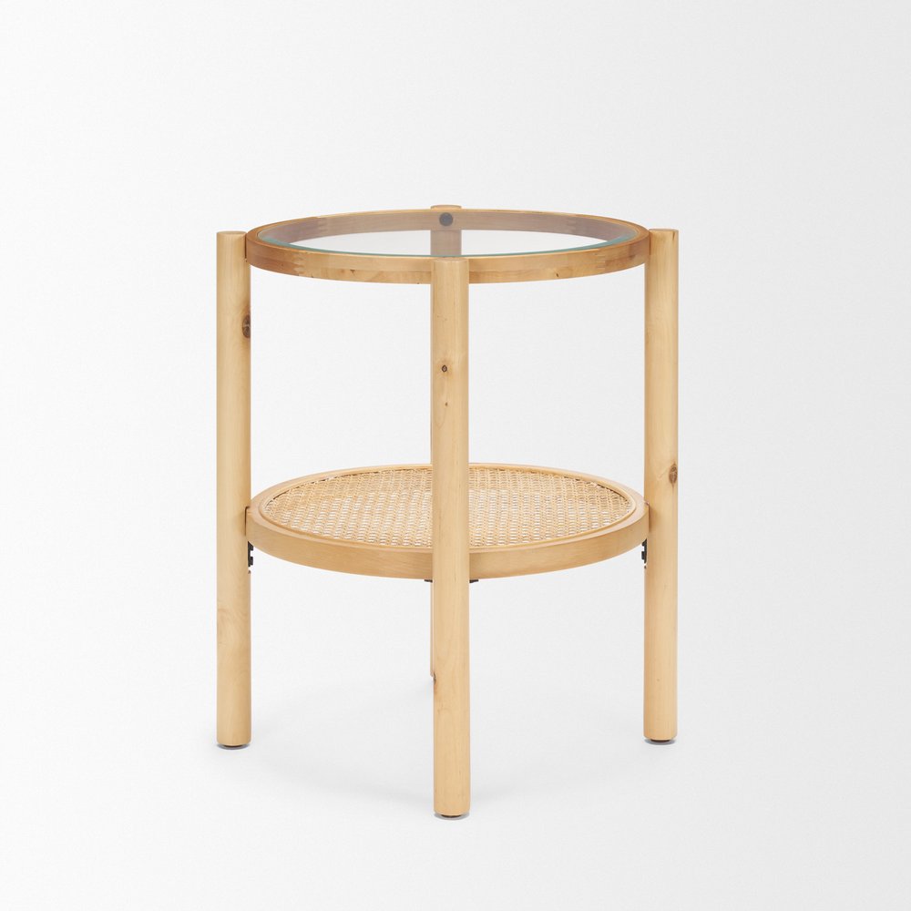 24" Clear and Light Brown Glass and Solid Wood Round End Table With Shelf HomeRoots