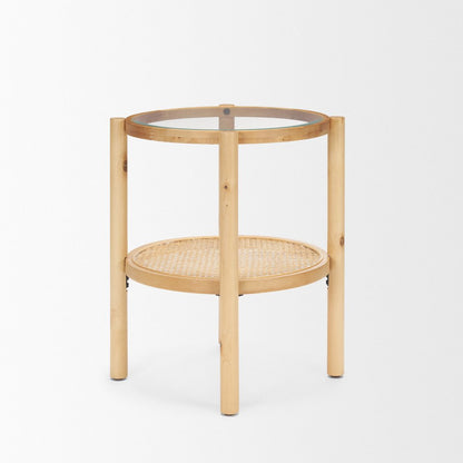 24" Clear and Light Brown Glass and Solid Wood Round End Table With Shelf HomeRoots