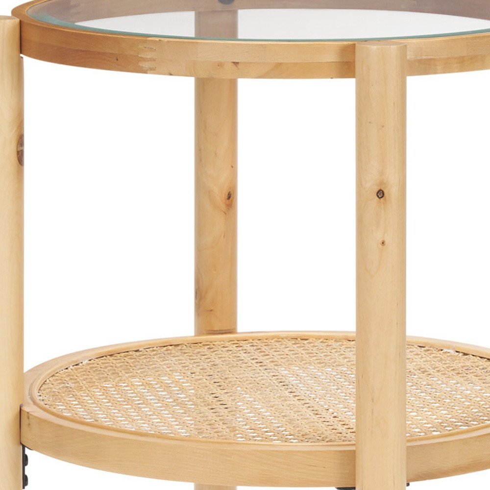24" Clear and Light Brown Glass and Solid Wood Round End Table With Shelf HomeRoots