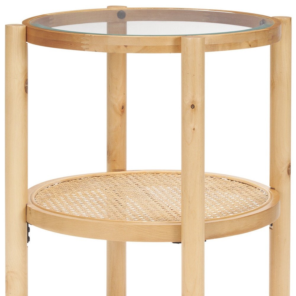 24" Clear and Light Brown Glass and Solid Wood Round End Table With Shelf HomeRoots