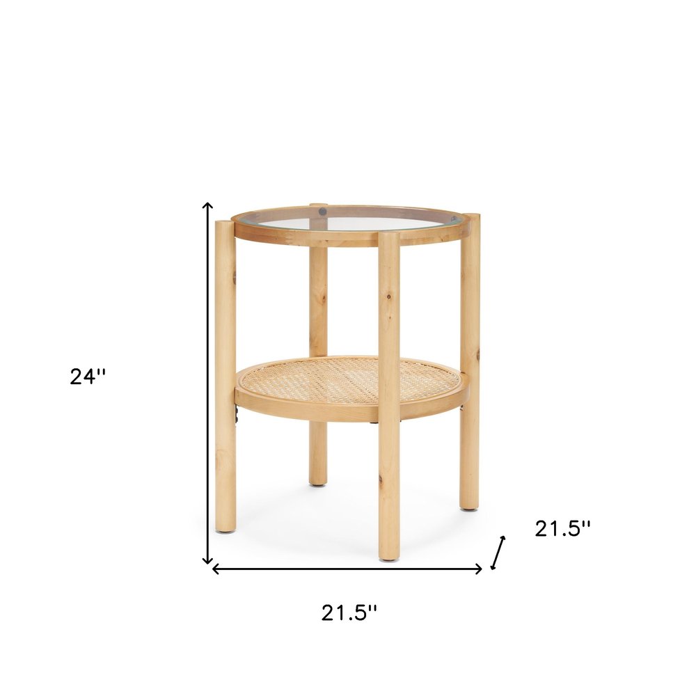 24" Clear and Light Brown Glass and Solid Wood Round End Table With Shelf HomeRoots