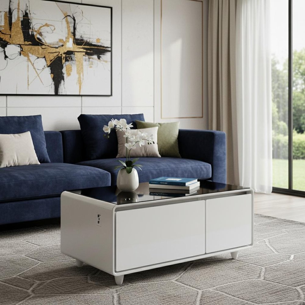 41" Black and White Glass and Acrylic Solid Coffee Table With Two Drawers HomeRoots