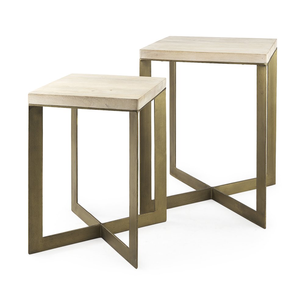 Set of Two Natural and Gold Solid Wood and Metal Square Cross Legs Nested Tables HomeRoots