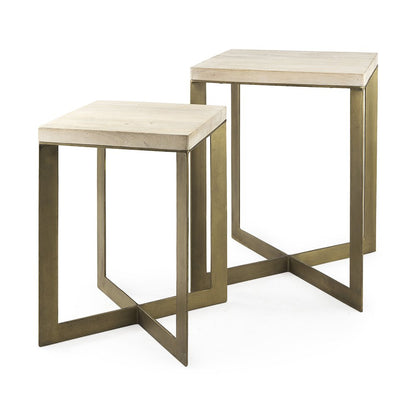 Set of Two Natural and Gold Solid Wood and Metal Square Cross Legs Nested Tables HomeRoots