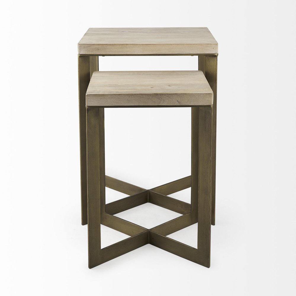Set of Two Natural and Gold Solid Wood and Metal Square Cross Legs Nested Tables HomeRoots