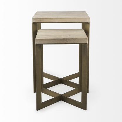 Set of Two Natural and Gold Solid Wood and Metal Square Cross Legs Nested Tables HomeRoots