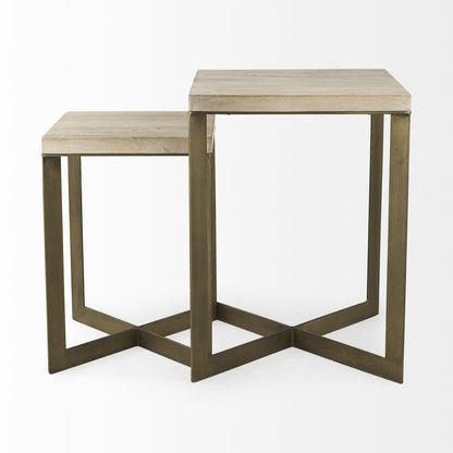 Set of Two Natural and Gold Solid Wood and Metal Square Cross Legs Nested Tables HomeRoots