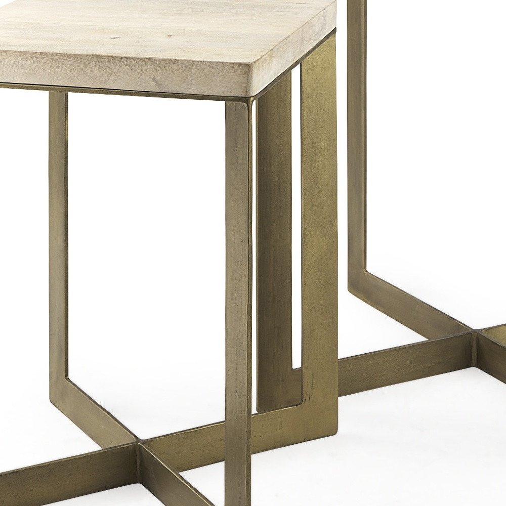 Set of Two Natural and Gold Solid Wood and Metal Square Cross Legs Nested Tables HomeRoots