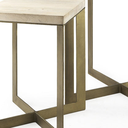 Set of Two Natural and Gold Solid Wood and Metal Square Cross Legs Nested Tables HomeRoots