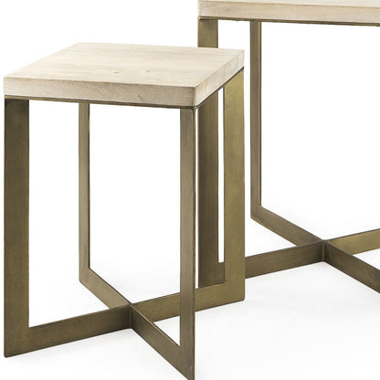 Set of Two Natural and Gold Solid Wood and Metal Square Cross Legs Nested Tables HomeRoots