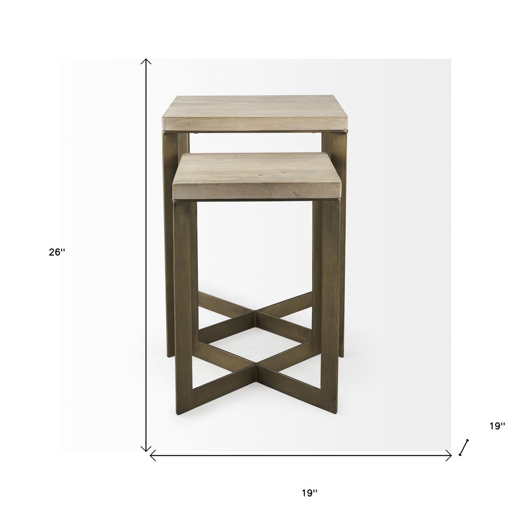 Set of Two Natural and Gold Solid Wood and Metal Square Cross Legs Nested Tables HomeRoots