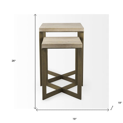 Set of Two Natural and Gold Solid Wood and Metal Square Cross Legs Nested Tables HomeRoots