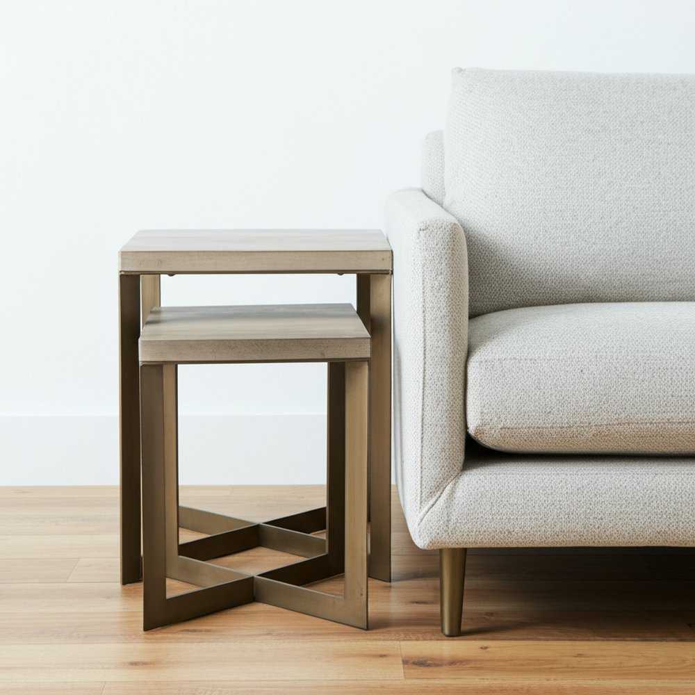 Set of Two Natural and Gold Solid Wood and Metal Square Cross Legs Nested Tables HomeRoots