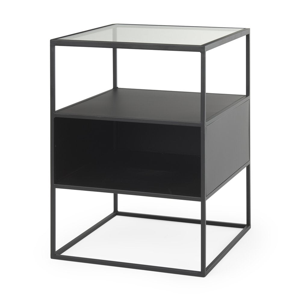 21" Clear and Black Glass and Metal Square Frame End Table With Two Shelves — view 4