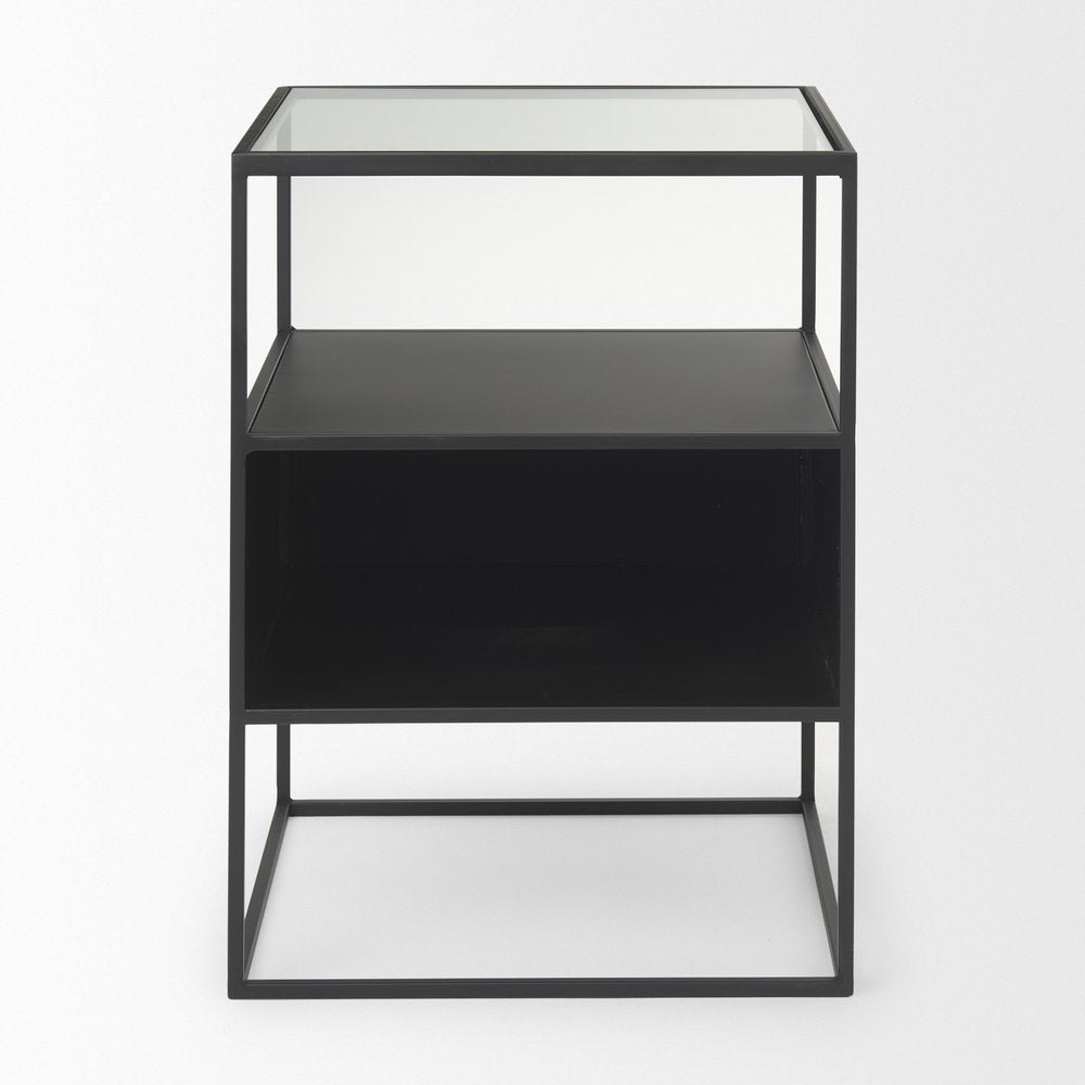 21" Clear and Black Glass and Metal Square Frame End Table With Two Shelves HomeRoots
