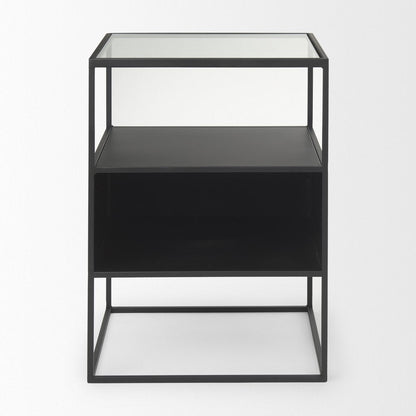 21" Clear and Black Glass and Metal Square Frame End Table With Two Shelves HomeRoots