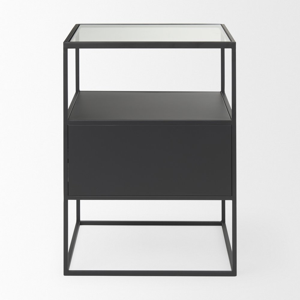 21" Clear and Black Glass and Metal Square Frame End Table With Two Shelves — view 3