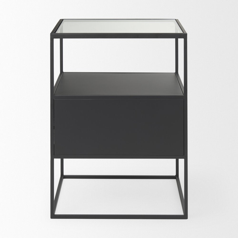 21" Clear and Black Glass and Metal Square Frame End Table With Two Shelves HomeRoots