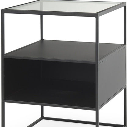 21" Clear and Black Glass and Metal Square Frame End Table With Two Shelves