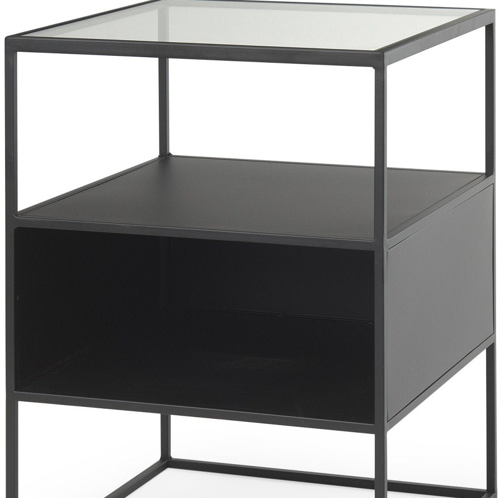 21" Clear and Black Glass and Metal Square Frame End Table With Two Shelves HomeRoots