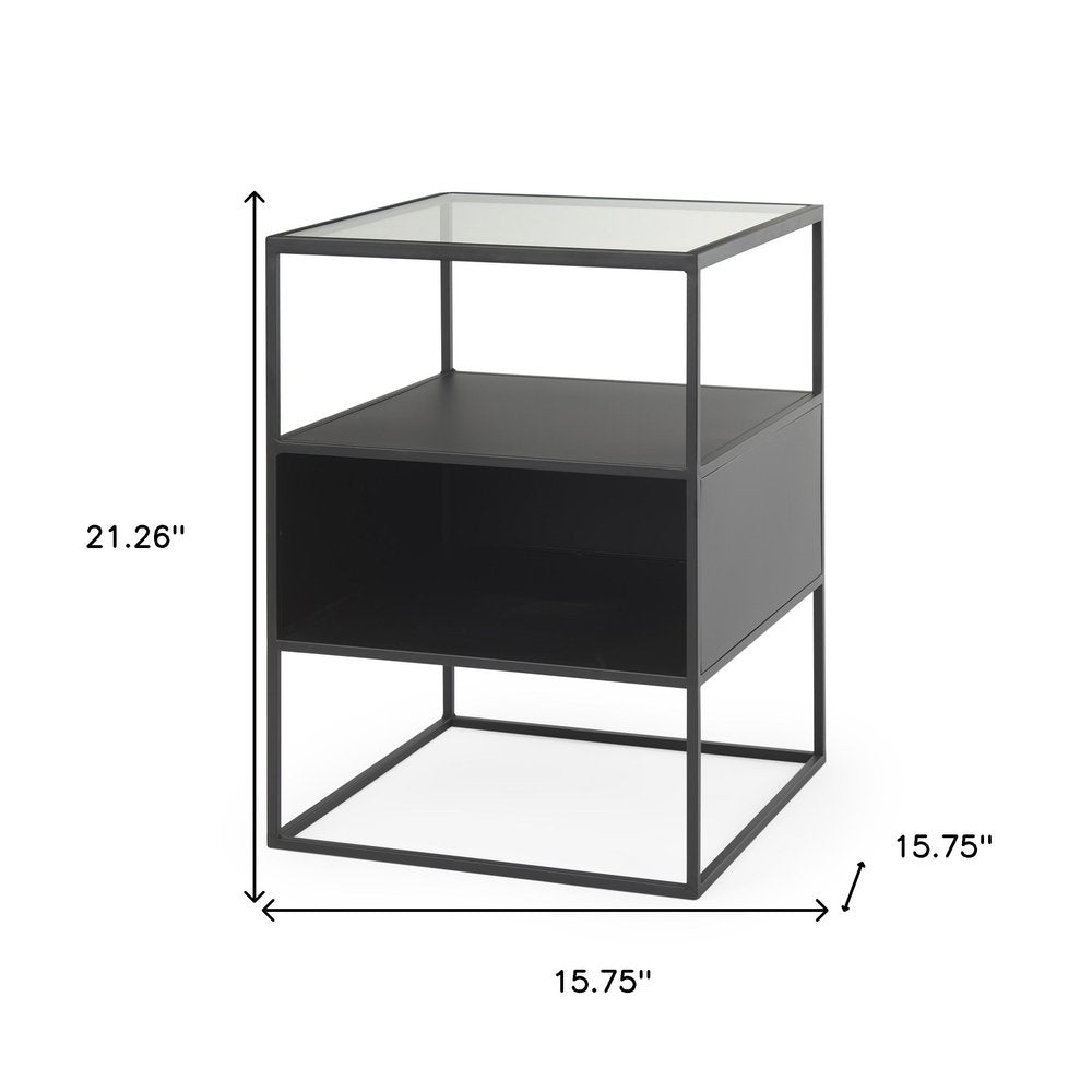 21" Clear and Black Glass and Metal Square Frame End Table With Two Shelves — view 7