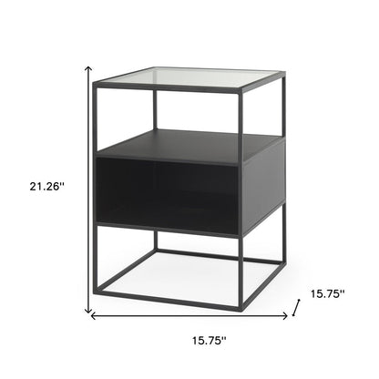 21" Clear and Black Glass and Metal Square Frame End Table With Two Shelves HomeRoots