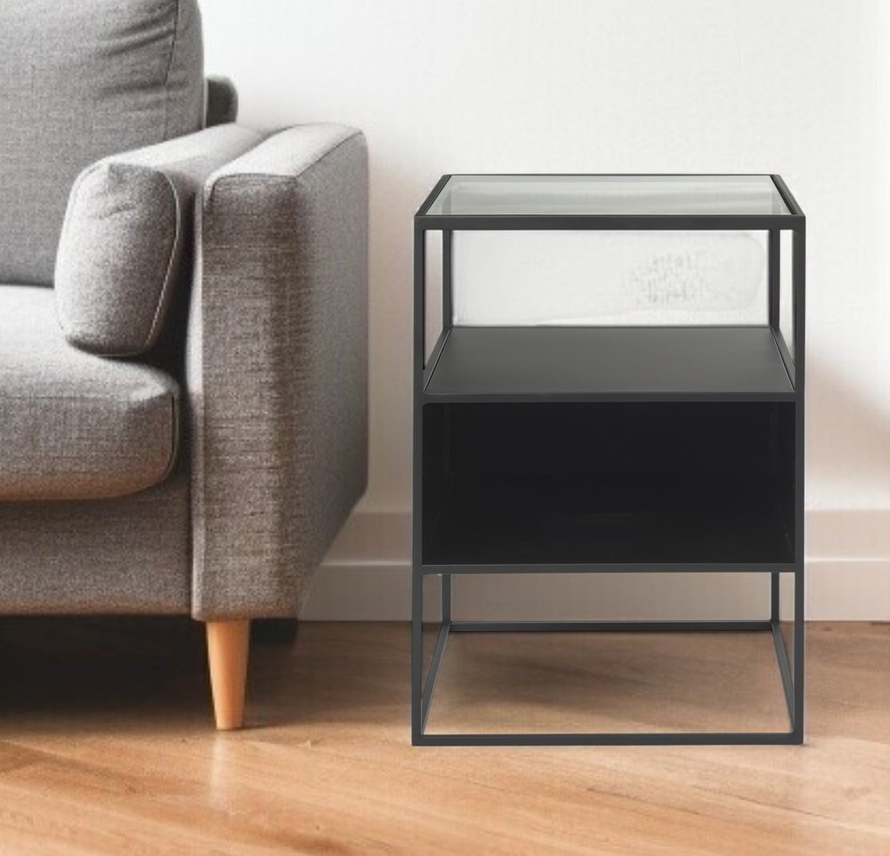 21" Clear and Black Glass and Metal Square Frame End Table With Two Shelves — view 1