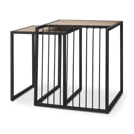 Set of Two Natural and Black Solid Wood and Metal Square Sled Nested Tables HomeRoots