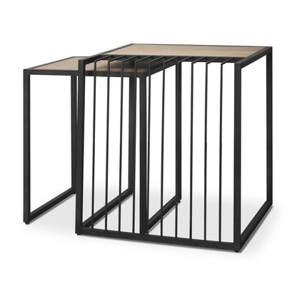Set of Two Natural and Black Solid Wood and Metal Square Sled Nested Tables HomeRoots