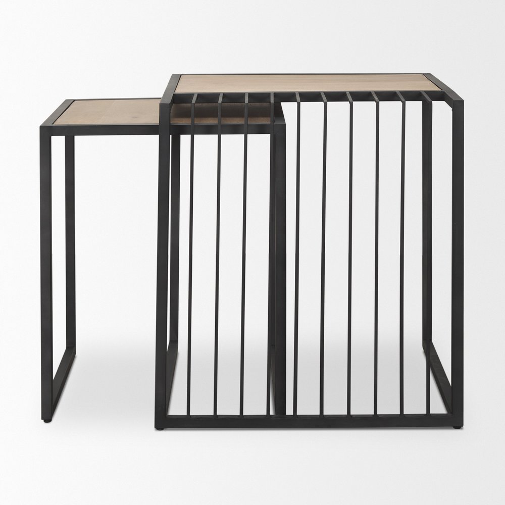 Set of Two Natural and Black Solid Wood and Metal Square Sled Nested Tables HomeRoots