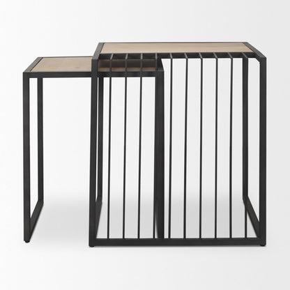 Set of Two Natural and Black Solid Wood and Metal Square Sled Nested Tables HomeRoots