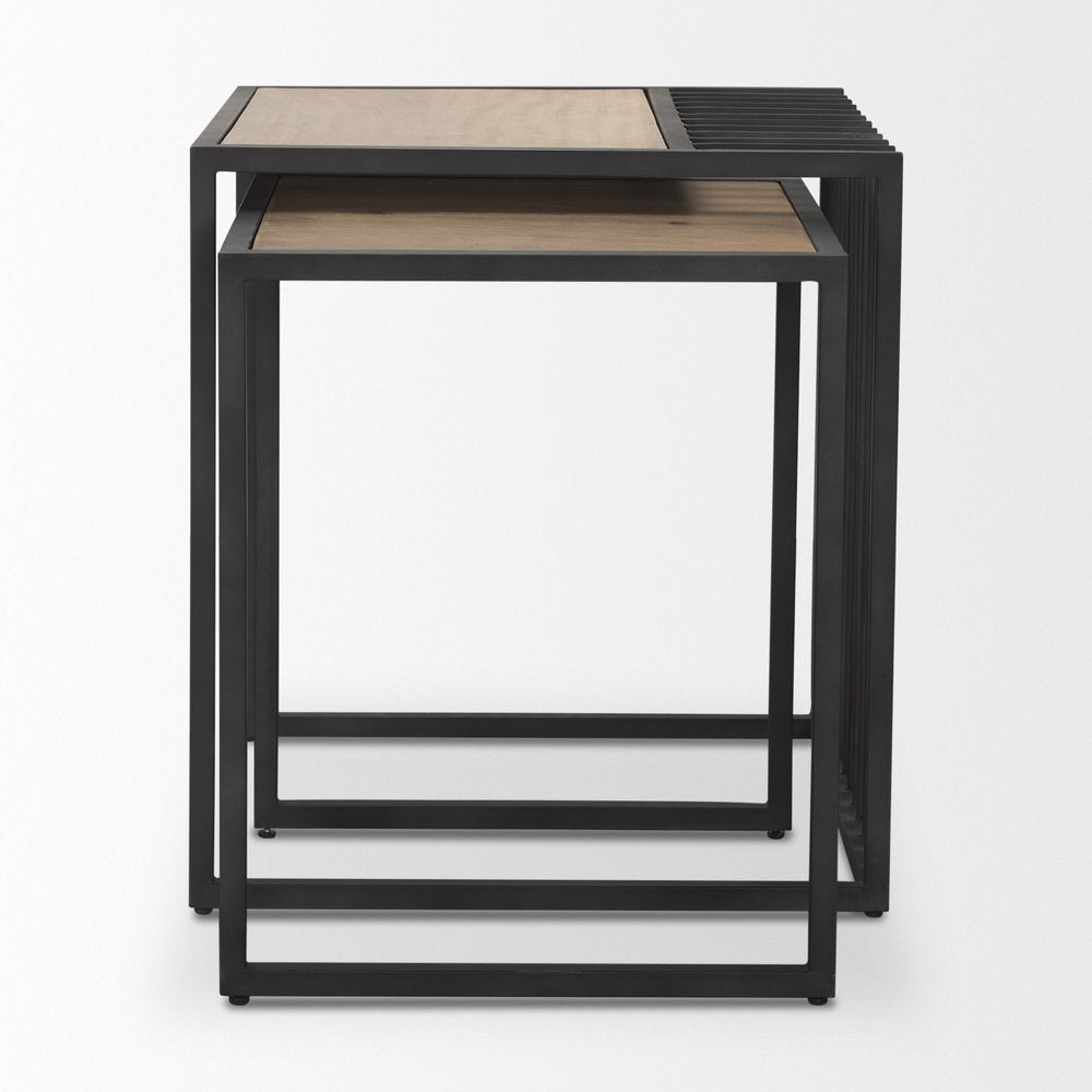 Set of Two Natural and Black Solid Wood and Metal Square Sled Nested Tables — view 3