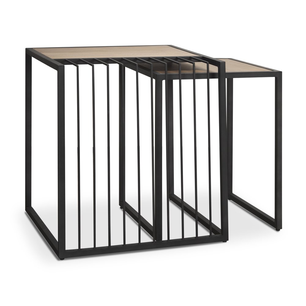 Set of Two Natural and Black Solid Wood and Metal Square Sled Nested Tables HomeRoots