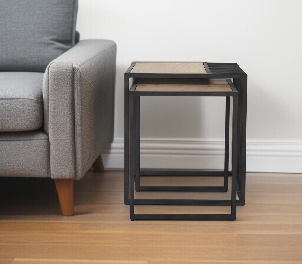 Set of Two Natural and Black Solid Wood and Metal Square Sled Nested Tables HomeRoots