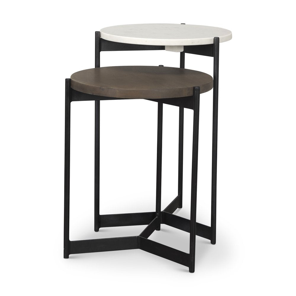 Set of Two Dark Brown and Black Marble Solid Wood and Metal Round Nested Tables HomeRoots