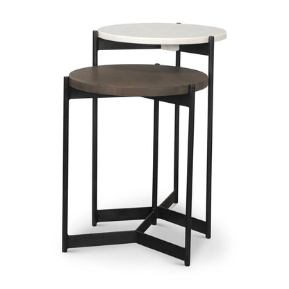Set of Two Dark Brown and Black Marble Solid Wood and Metal Round Nested Tables HomeRoots