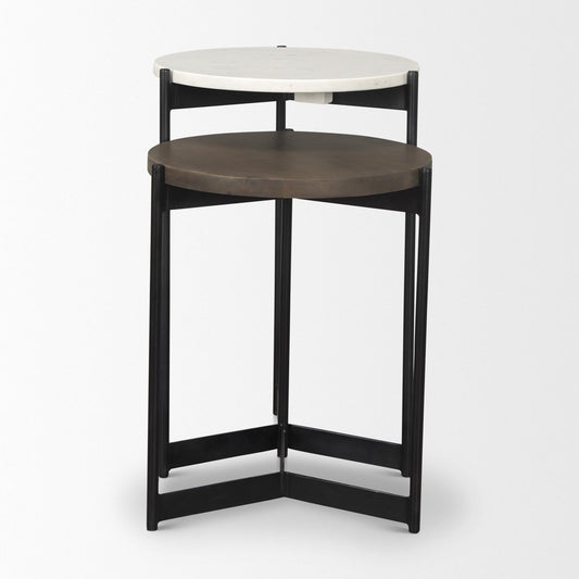 Set of Two Dark Brown and Black Marble Solid Wood and Metal Round Nested Tables HomeRoots