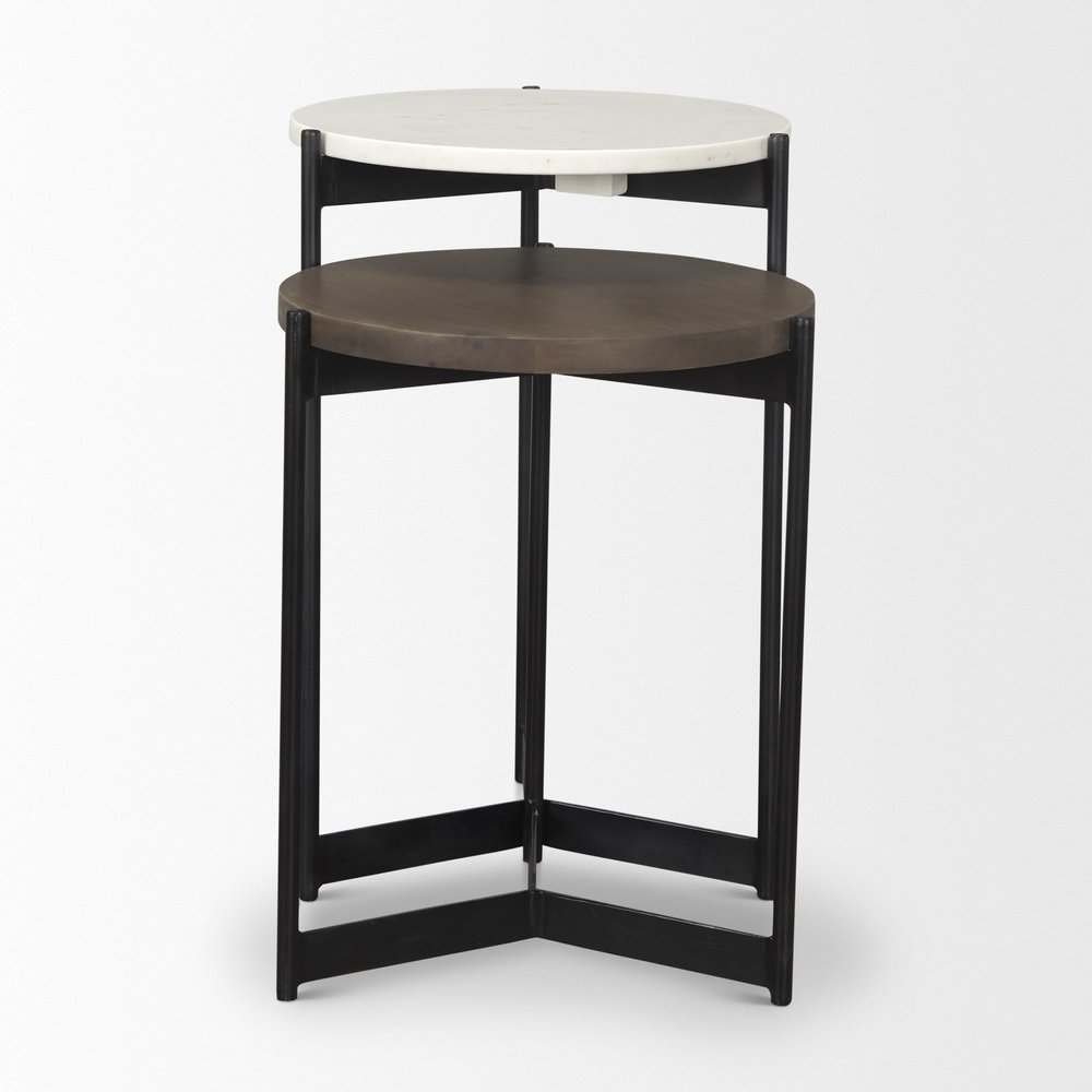 Set of Two Dark Brown and Black Marble Solid Wood and Metal Round Nested Tables HomeRoots