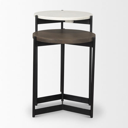 Set of Two Dark Brown and Black Marble Solid Wood and Metal Round Nested Tables HomeRoots