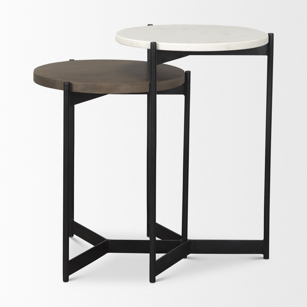 Set of Two Dark Brown and Black Marble Solid Wood and Metal Round Nested Tables HomeRoots