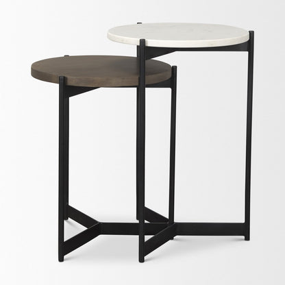 Set of Two Dark Brown and Black Marble Solid Wood and Metal Round Nested Tables HomeRoots