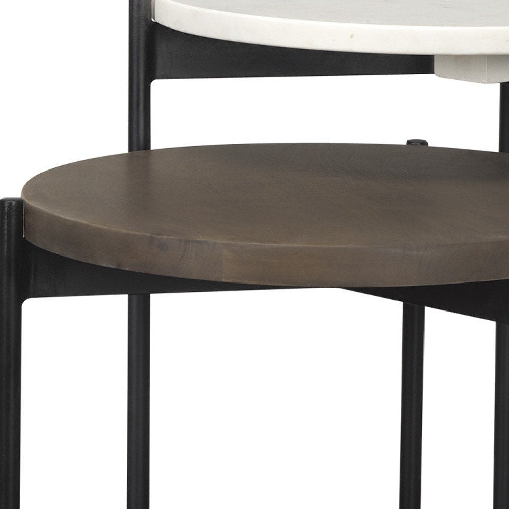 Set of Two Dark Brown and Black Marble Solid Wood and Metal Round Nested Tables HomeRoots