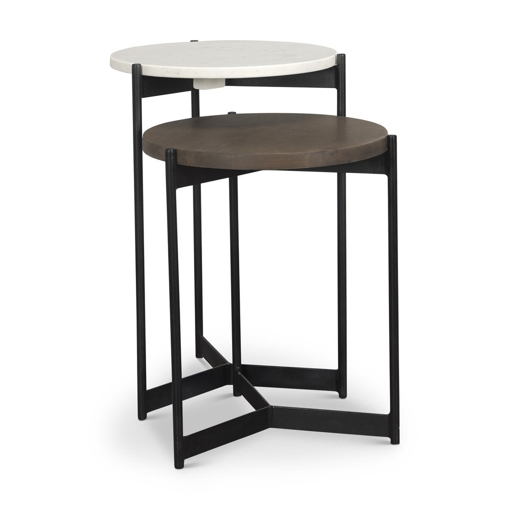 Set of Two Dark Brown and Black Marble Solid Wood and Metal Round Nested Tables HomeRoots